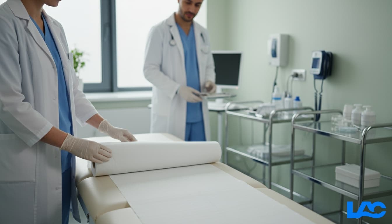 Premium exam table paper roll providing hygienic protection in healthcare settings by LAC Health