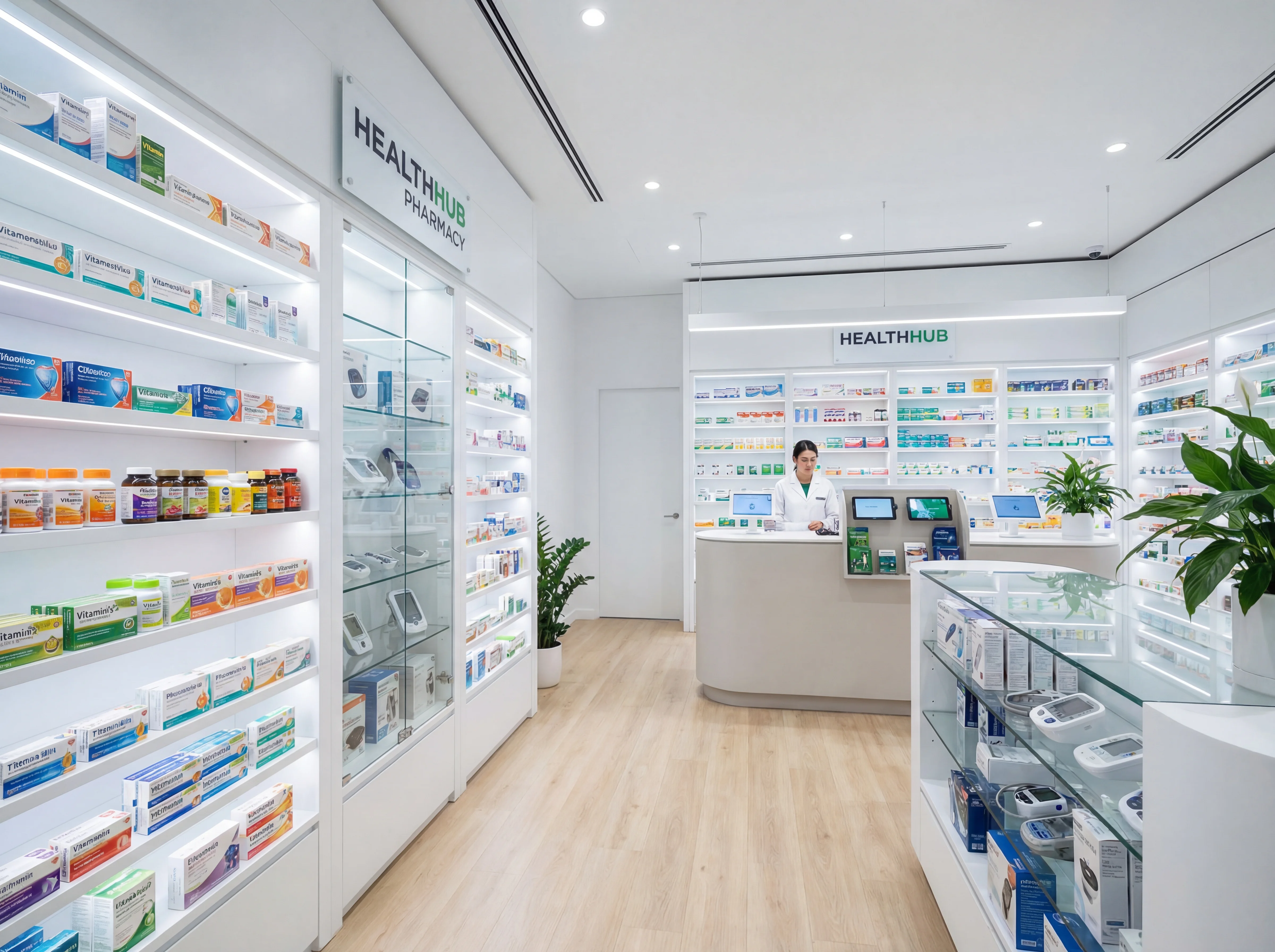Modern retail pharmacy with organized medical supplies