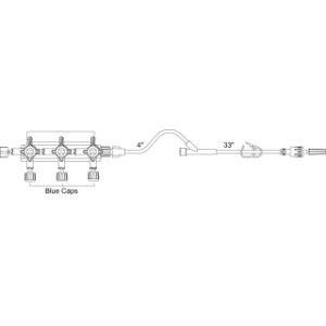 3-Gang Large Bore 4-Way Hi-Flo Manifold  Non-Vented Blue Caps on Middle Ports  Detachable Standard Bore Extension with Y Injection Site  Pinch Clamp - MX7223SC